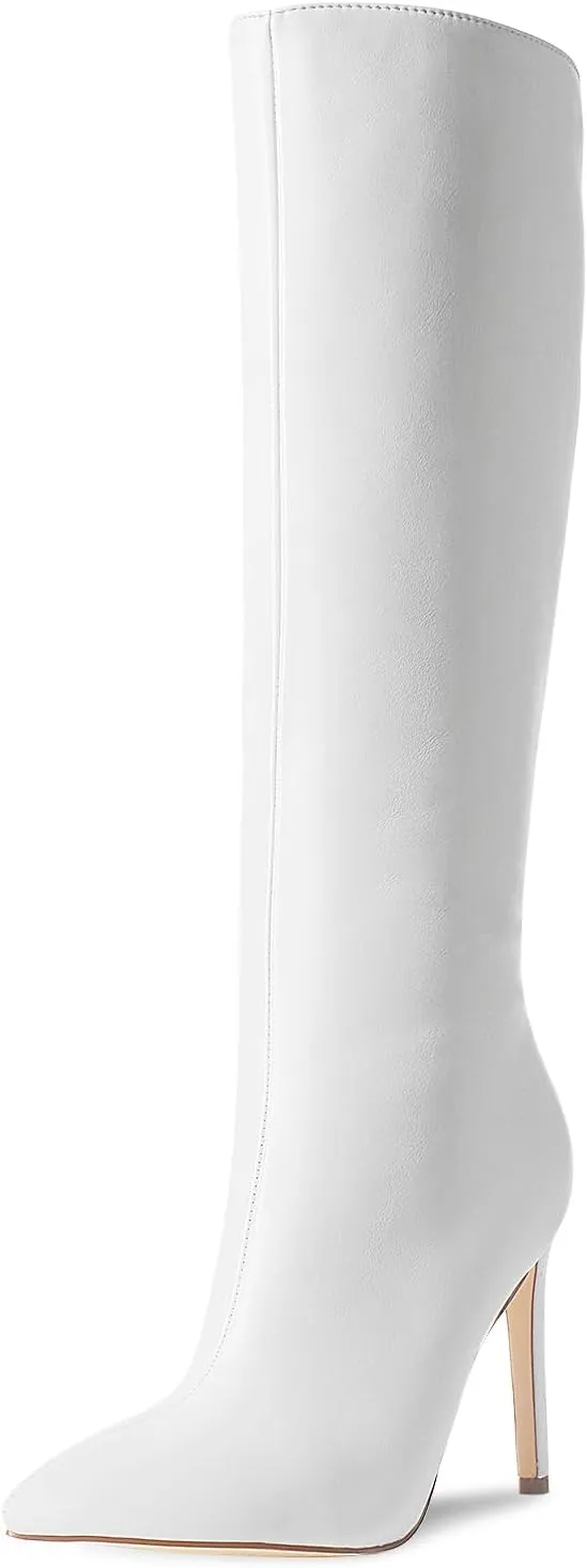Ouepiano Women's Rhinestone Booties Stiletto Heel Boots Bling Pointed Toe Side Zipper Sparkly Rhinestone Knee High Boots for Party, Wedding, Proms