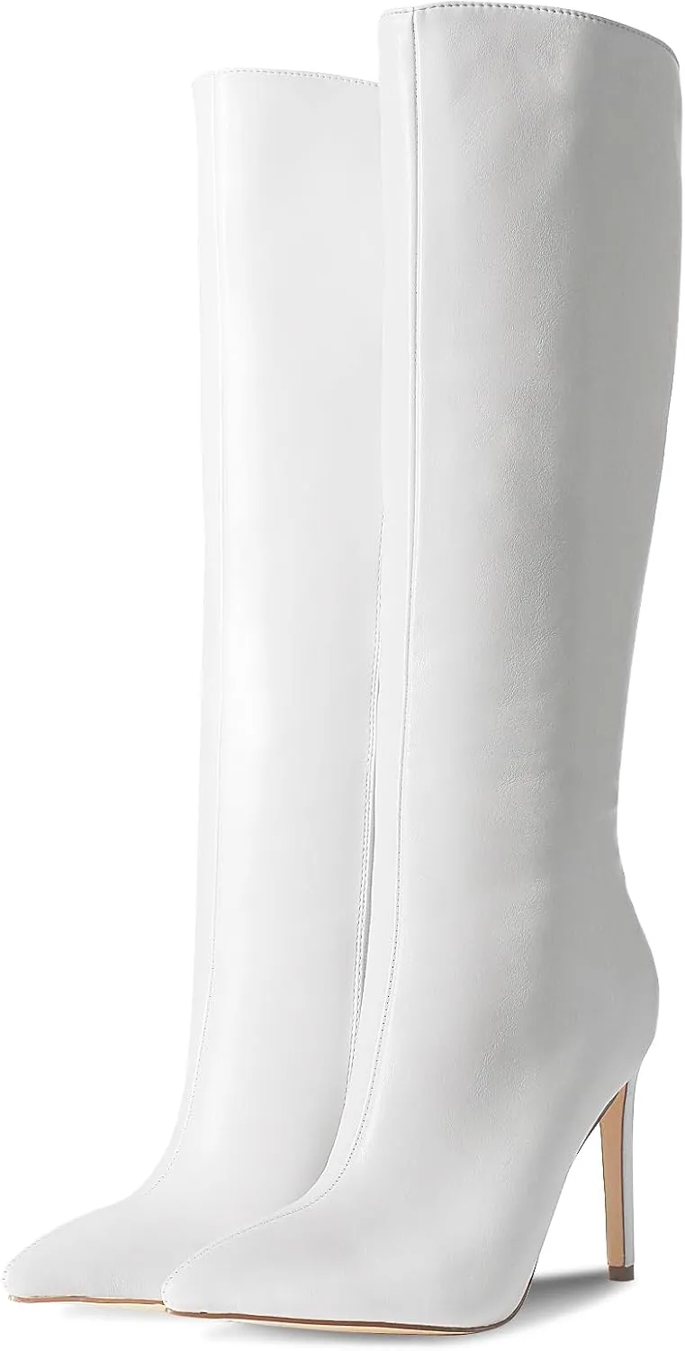 Ouepiano Women's Rhinestone Booties Stiletto Heel Boots Bling Pointed Toe Side Zipper Sparkly Rhinestone Knee High Boots for Party, Wedding, Proms