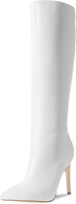 Ouepiano Women's Rhinestone Booties Stiletto Heel Boots Bling Pointed Toe Side Zipper Sparkly Rhinestone Knee High Boots for Party, Wedding, Proms