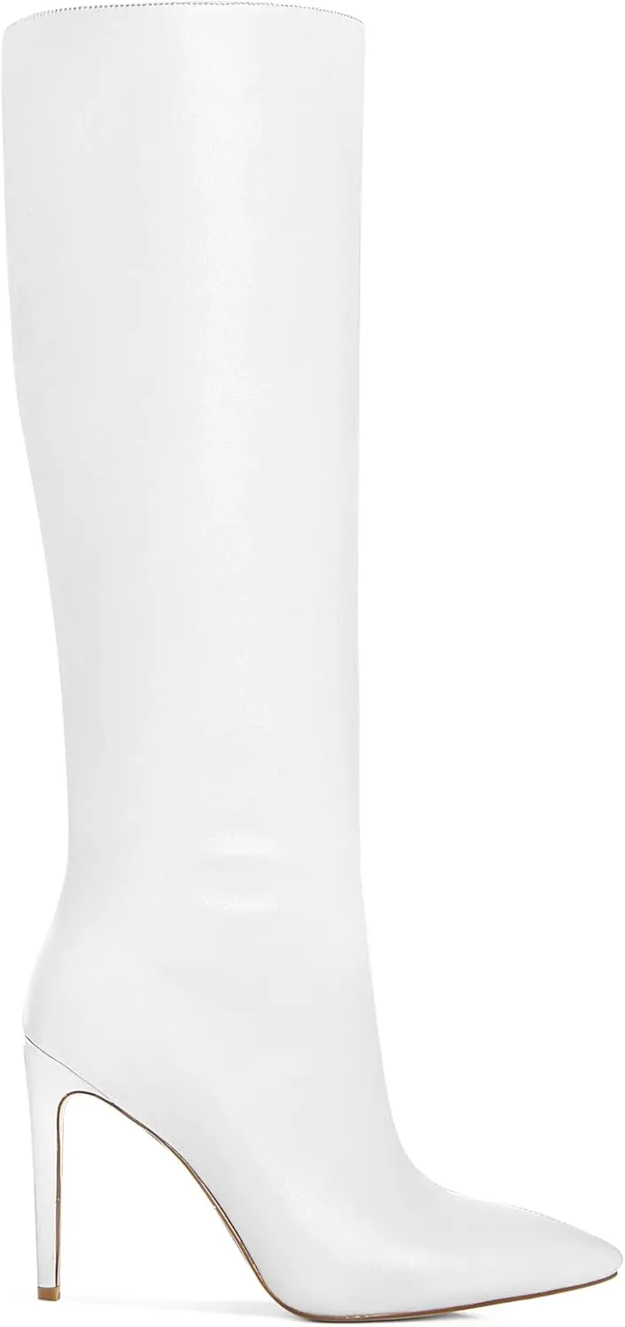 Ouepiano Women's Rhinestone Booties Stiletto Heel Boots Bling Pointed Toe Side Zipper Sparkly Rhinestone Knee High Boots for Party, Wedding, Proms
