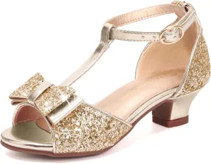 PANDANINJIA Lilly Girls Heels Todder Dress Shoes Pump T Strap Open Toe Bow Little Big Kids Flower Girl Shoes(Gold Sequin, 6 M US Big Kid)