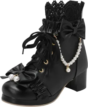 Parisuit Womens Cute Pearl Bow Goth Lolita Boots Chunky Heel Ankle Boots Platform Lace Up Booties Sweet Lace Cosplay Shoes