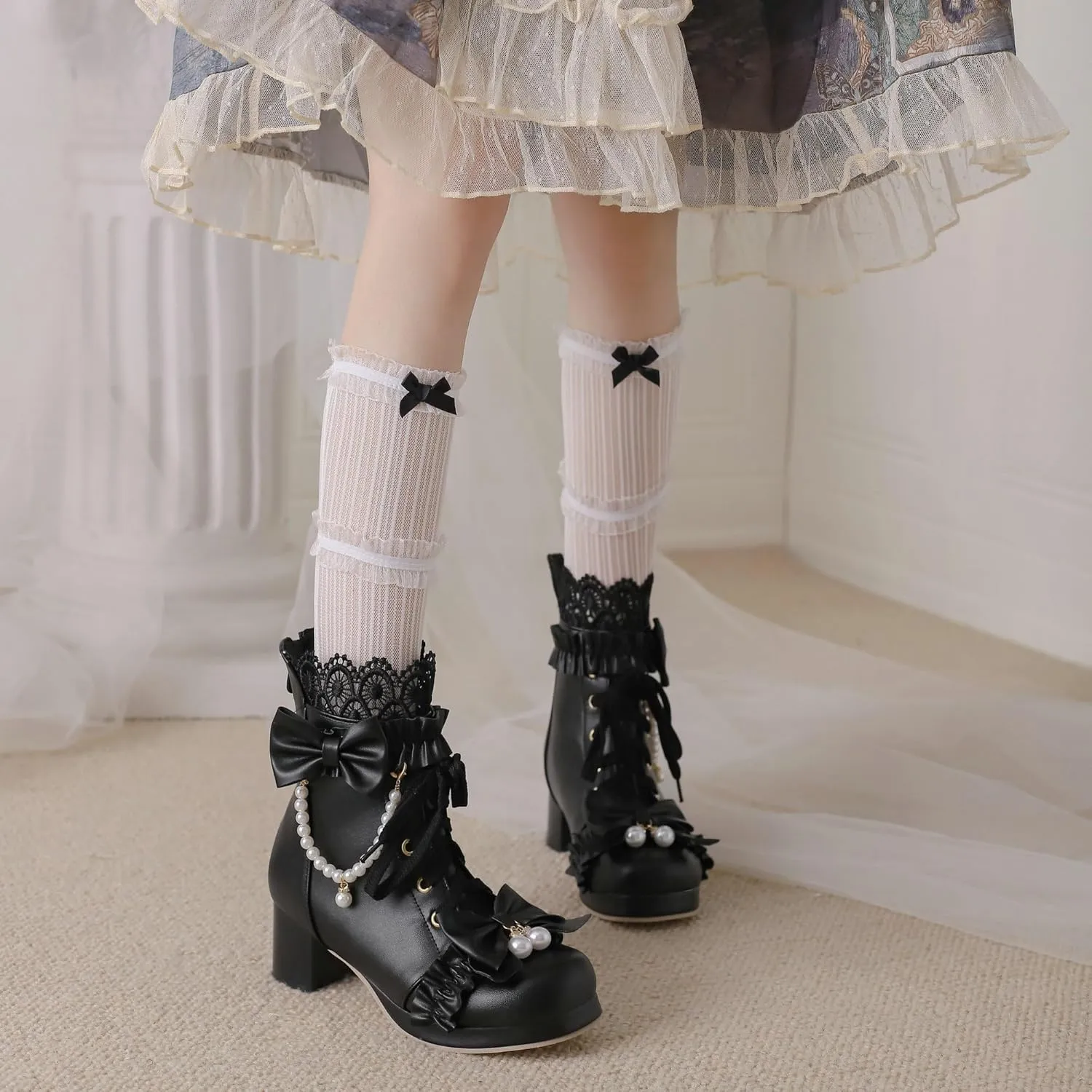 Parisuit Womens Cute Pearl Bow Goth Lolita Boots Chunky Heel Ankle Boots Platform Lace Up Booties Sweet Lace Cosplay Shoes