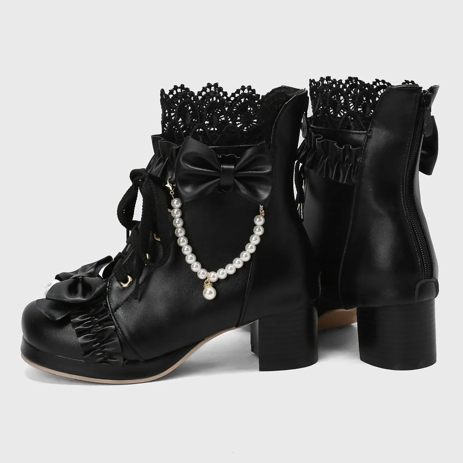 Parisuit Womens Cute Pearl Bow Goth Lolita Boots Chunky Heel Ankle Boots Platform Lace Up Booties Sweet Lace Cosplay Shoes