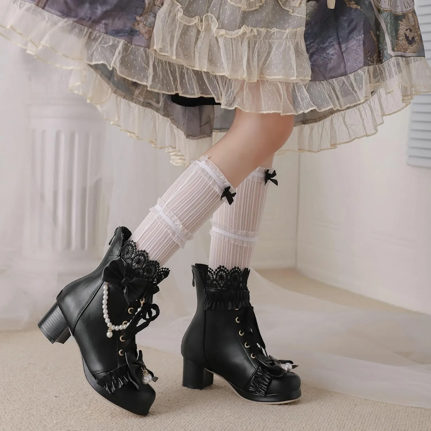 Parisuit Womens Cute Pearl Bow Goth Lolita Boots Chunky Heel Ankle Boots Platform Lace Up Booties Sweet Lace Cosplay Shoes