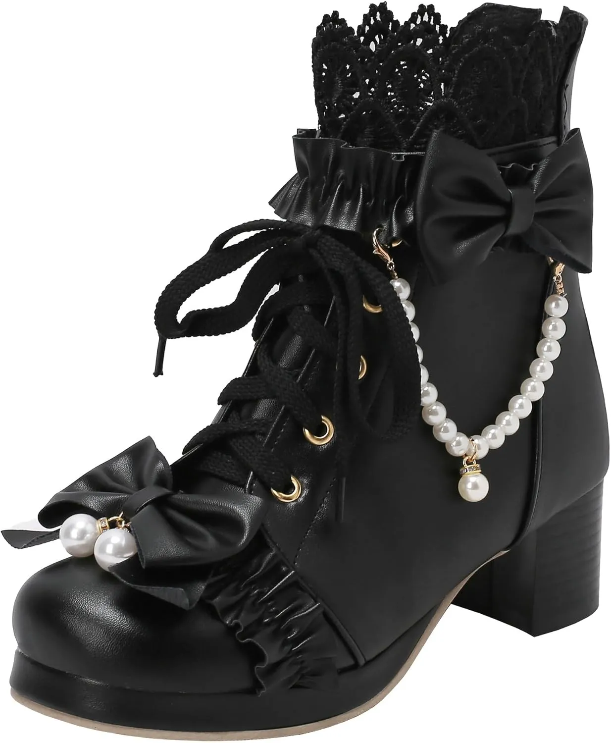 Parisuit Womens Cute Pearl Bow Goth Lolita Boots Chunky Heel Ankle Boots Platform Lace Up Booties Sweet Lace Cosplay Shoes