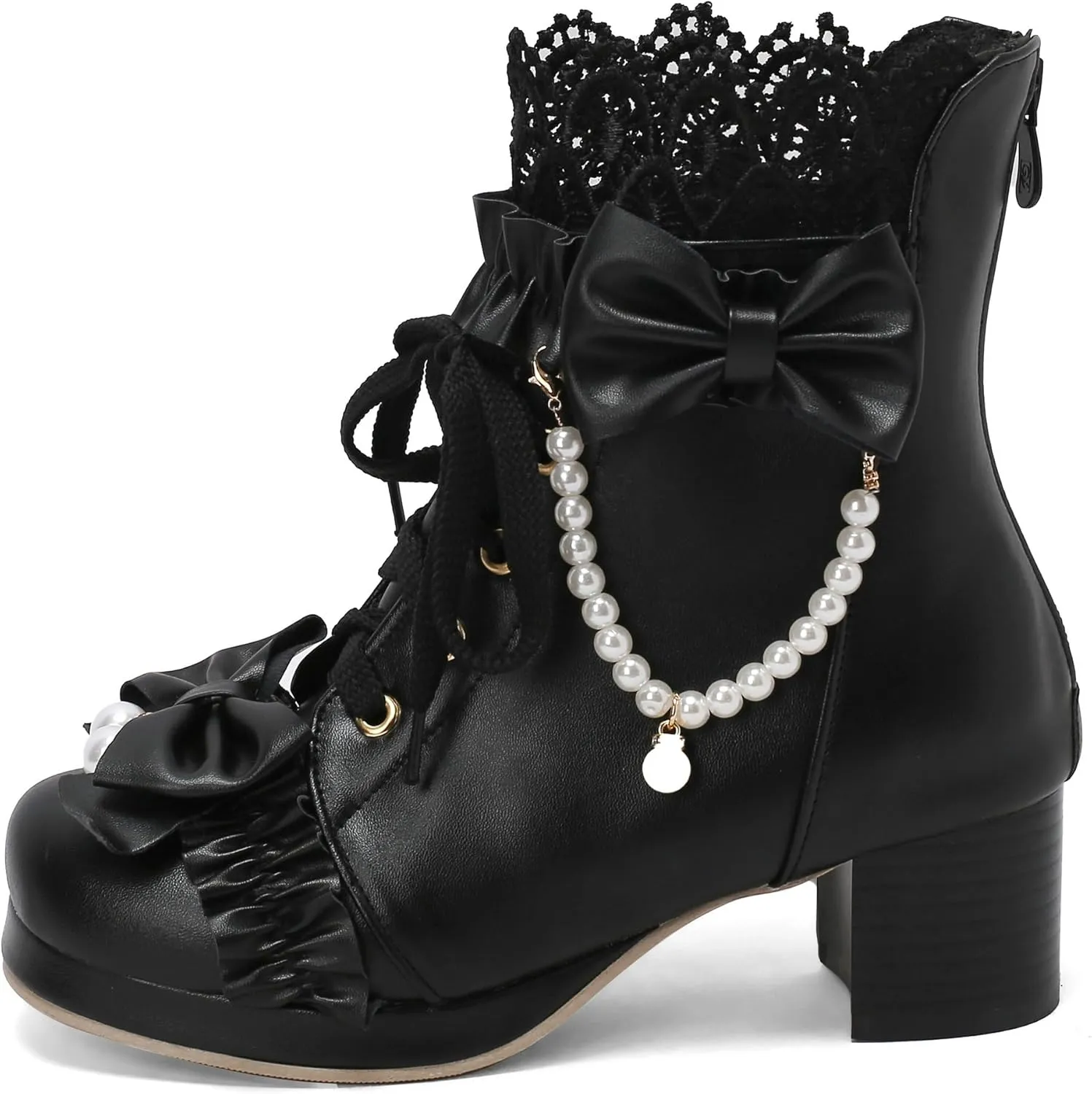 Parisuit Womens Cute Pearl Bow Goth Lolita Boots Chunky Heel Ankle Boots Platform Lace Up Booties Sweet Lace Cosplay Shoes