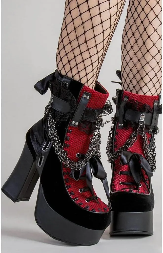 Parisuit Womens Lace Platform Boots Goth Chunky High Heels Ankle Combat Boots Punk Victorian Style Booties with Chain