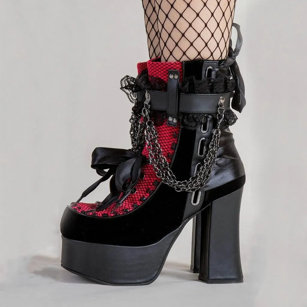 Parisuit Womens Lace Platform Boots Goth Chunky High Heels Ankle Combat Boots Punk Victorian Style Booties with Chain