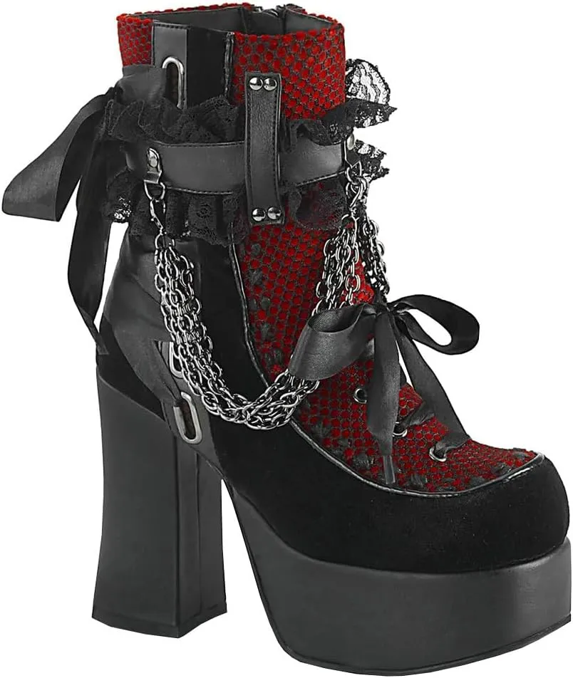 Parisuit Womens Lace Platform Boots Goth Chunky High Heels Ankle Combat Boots Punk Victorian Style Booties with Chain
