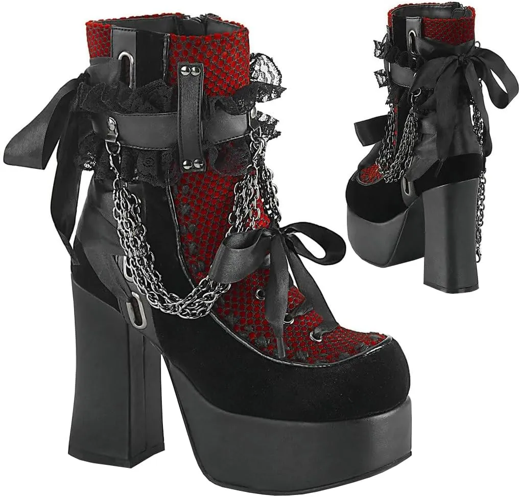 Parisuit Womens Lace Platform Boots Goth Chunky High Heels Ankle Combat Boots Punk Victorian Style Booties with Chain