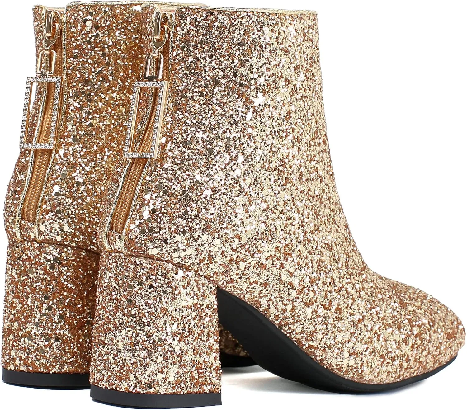 Parisuit Womens Sparkly Sequin Glitter Ankle Boots Round Square Toe Chunky Heeled Back Zip Booties