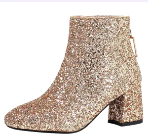 Parisuit Womens Sparkly Sequin Glitter Ankle Boots Round Square Toe Chunky Heeled Back Zip Booties