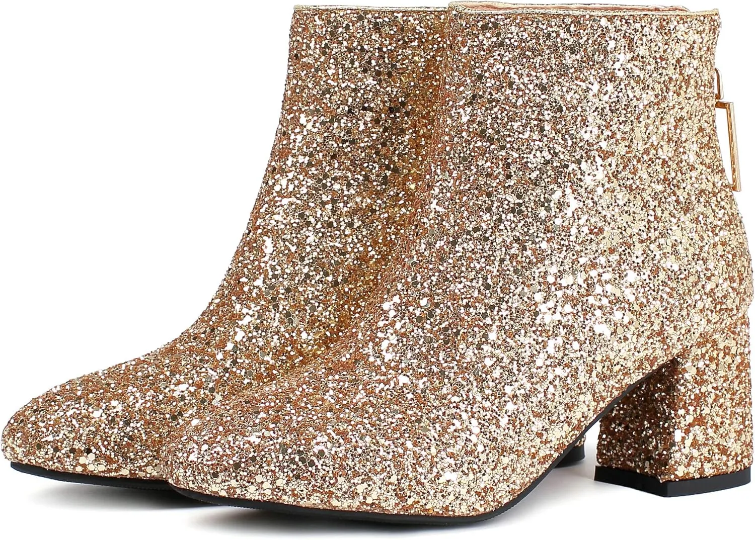 Parisuit Womens Sparkly Sequin Glitter Ankle Boots Round Square Toe Chunky Heeled Back Zip Booties