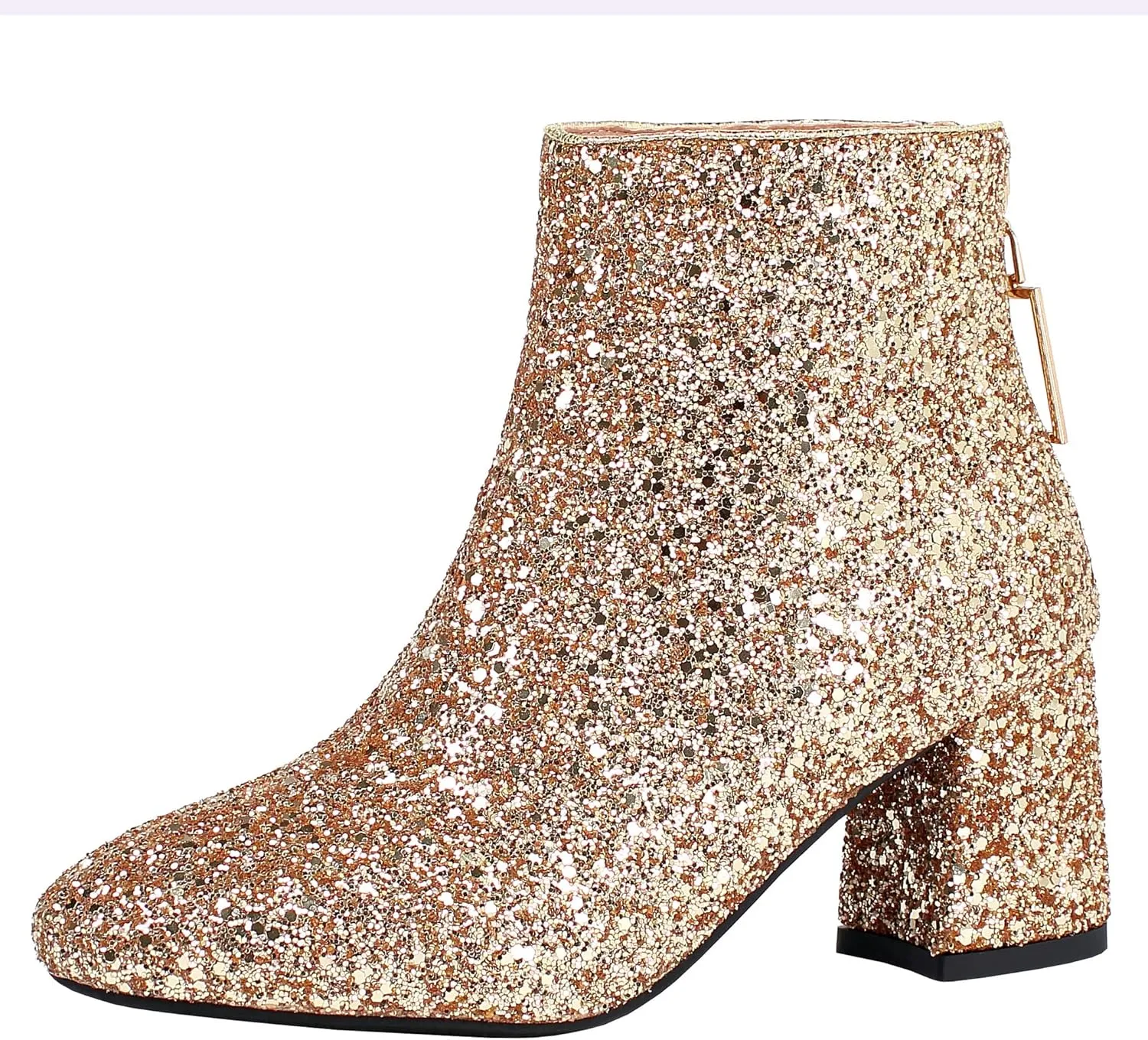 Parisuit Womens Sparkly Sequin Glitter Ankle Boots Round Square Toe Chunky Heeled Back Zip Booties