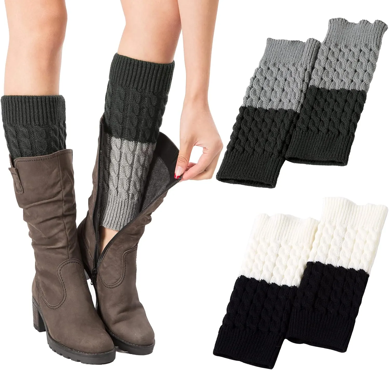 PHOGARY 2 Pairs Winter Warm Boot Cuffs for Women, Crochet Knitted Boot Socks for Gilrs Short Leg Warmers Boot Topper Socks Leg Cuffs Boot Warmers Gift (2 Color Stitching)