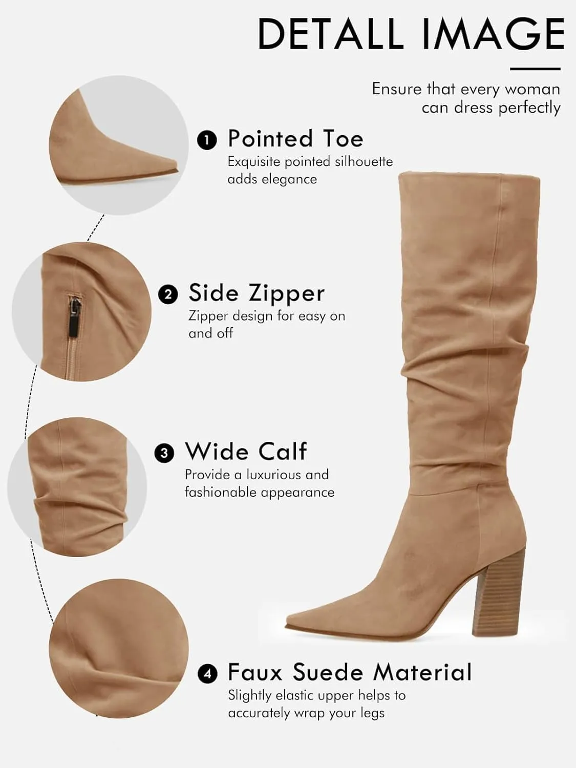 PiePieBuy Womens Faux Suede Knee High Boots Pointed Toe High Chunky Heel Side Zipper Party Dress Booties