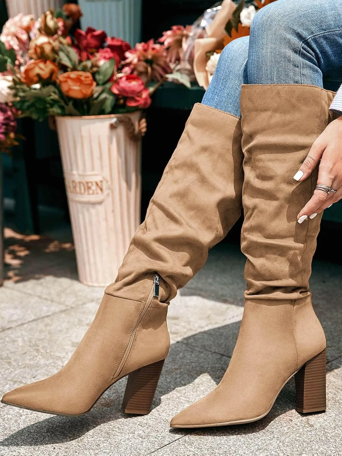 PiePieBuy Womens Faux Suede Knee High Boots Pointed Toe High Chunky Heel Side Zipper Party Dress Booties