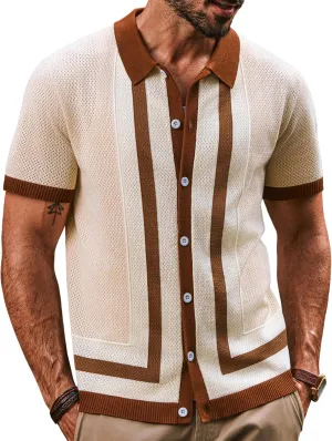 PJ PAUL JONES Mens Polo Shirts Vintage Striped Button Down Knitted Golf Shirts