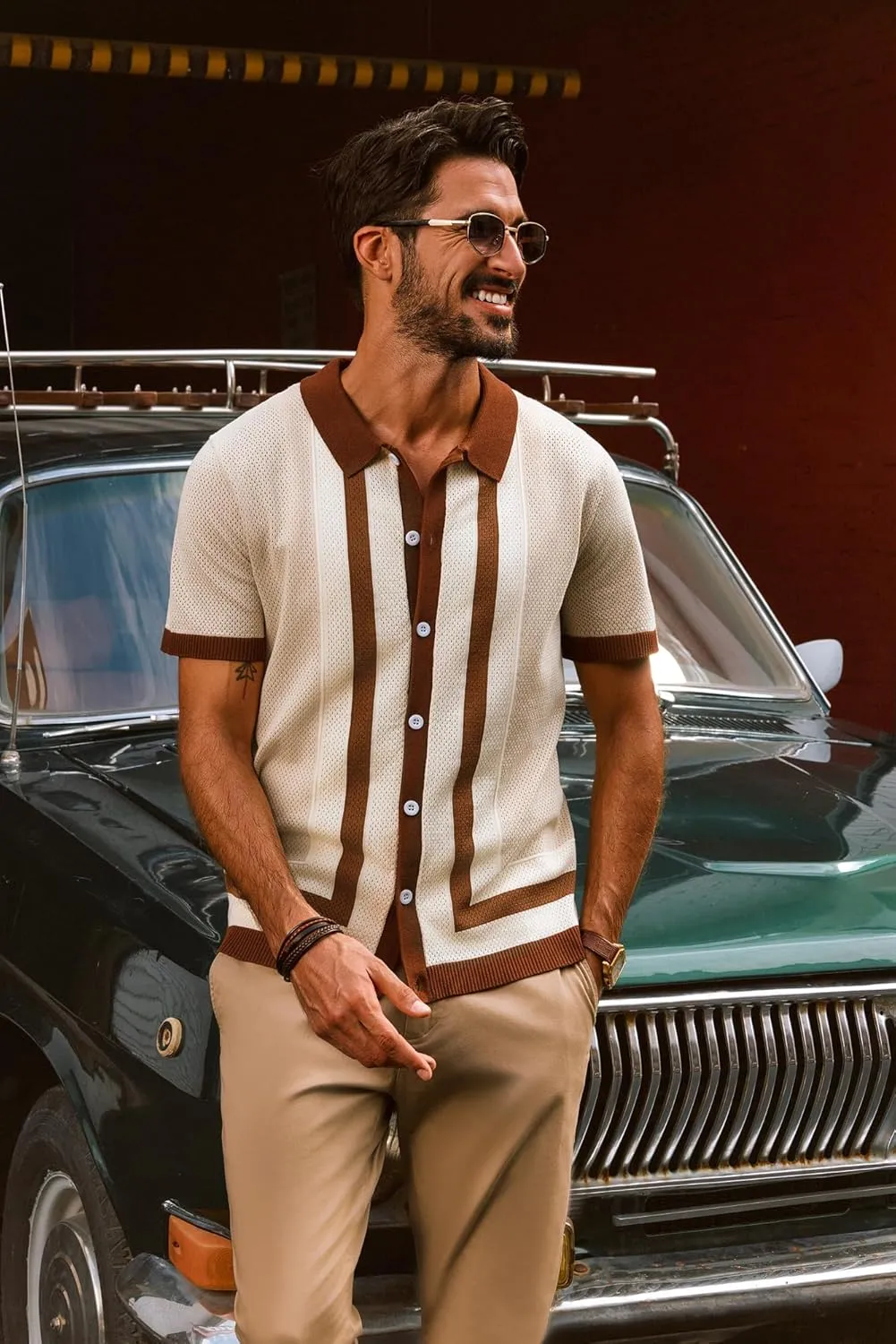 PJ PAUL JONES Mens Polo Shirts Vintage Striped Button Down Knitted Golf Shirts