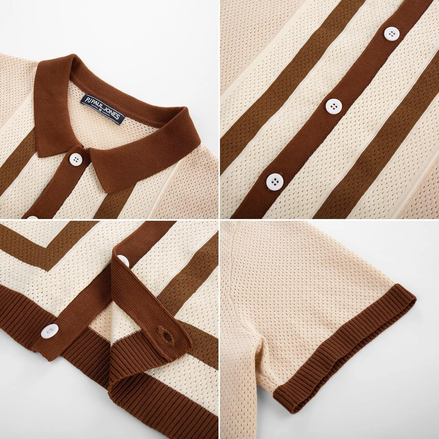 PJ PAUL JONES Mens Polo Shirts Vintage Striped Button Down Knitted Golf Shirts