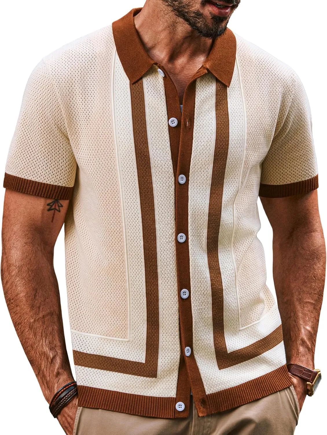 PJ PAUL JONES Mens Polo Shirts Vintage Striped Button Down Knitted Golf Shirts