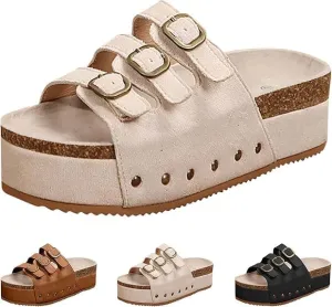 Platform Sandals Women Chunky Y2K, Women's Suede Slip On Flatform Slippers Comfortable with Cork Footbed Studded Flatform Sandals Adjustable Buckle Straps Flat Clogs Open Toe Slide Sandal
