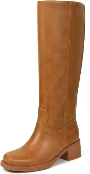 Platform Women's Knee High Square Toe Chunky Block Heel Long Wide Calf Riding Pull On Campus Boots