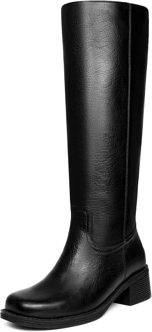 Platform Women's Knee High Square Toe Chunky Block Heel Long Wide Calf Riding Pull On Campus Boots