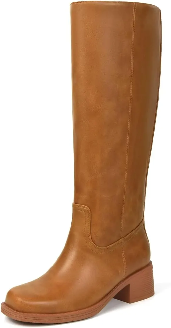 Platform Women's Knee High Square Toe Chunky Block Heel Long Wide Calf Riding Pull On Campus Boots