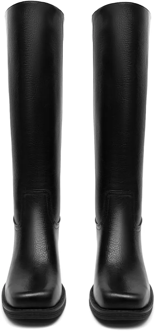 Platform Women's Knee High Square Toe Chunky Block Heel Long Wide Calf Riding Pull On Campus Boots