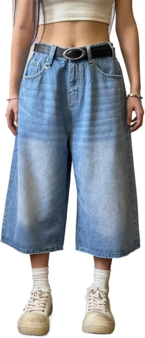 POHADON Women Y2k Baggy Jorts Vintage Wide Leg Long Jean Shorts Loose Fit Capri Denim Shorts Trendy Grunge Vintage Streetwear