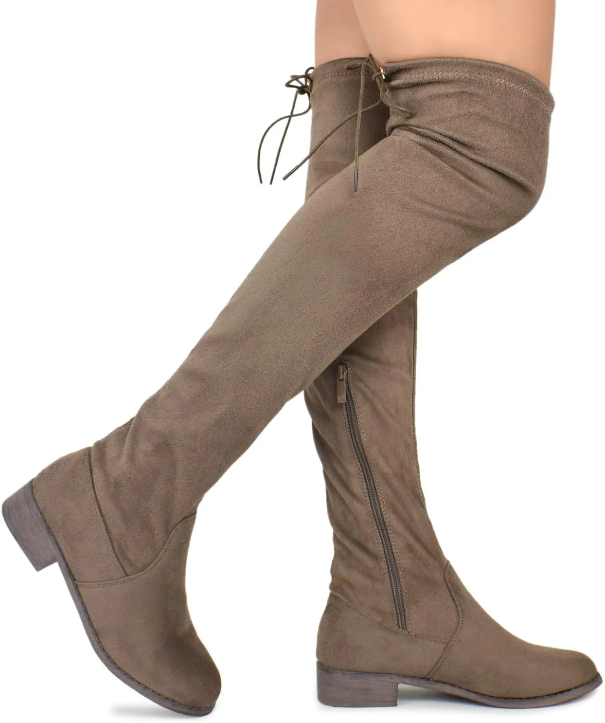Premier Standard - Women's Fashion Comfy Vegan Suede Block Heel Side Zipper Back Lace Thigh High Over The Knee Boots