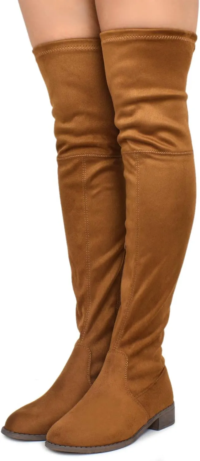 Premier Standard - Women's Fashion Comfy Vegan Suede Block Heel Side Zipper Back Lace Thigh High Over The Knee Boots