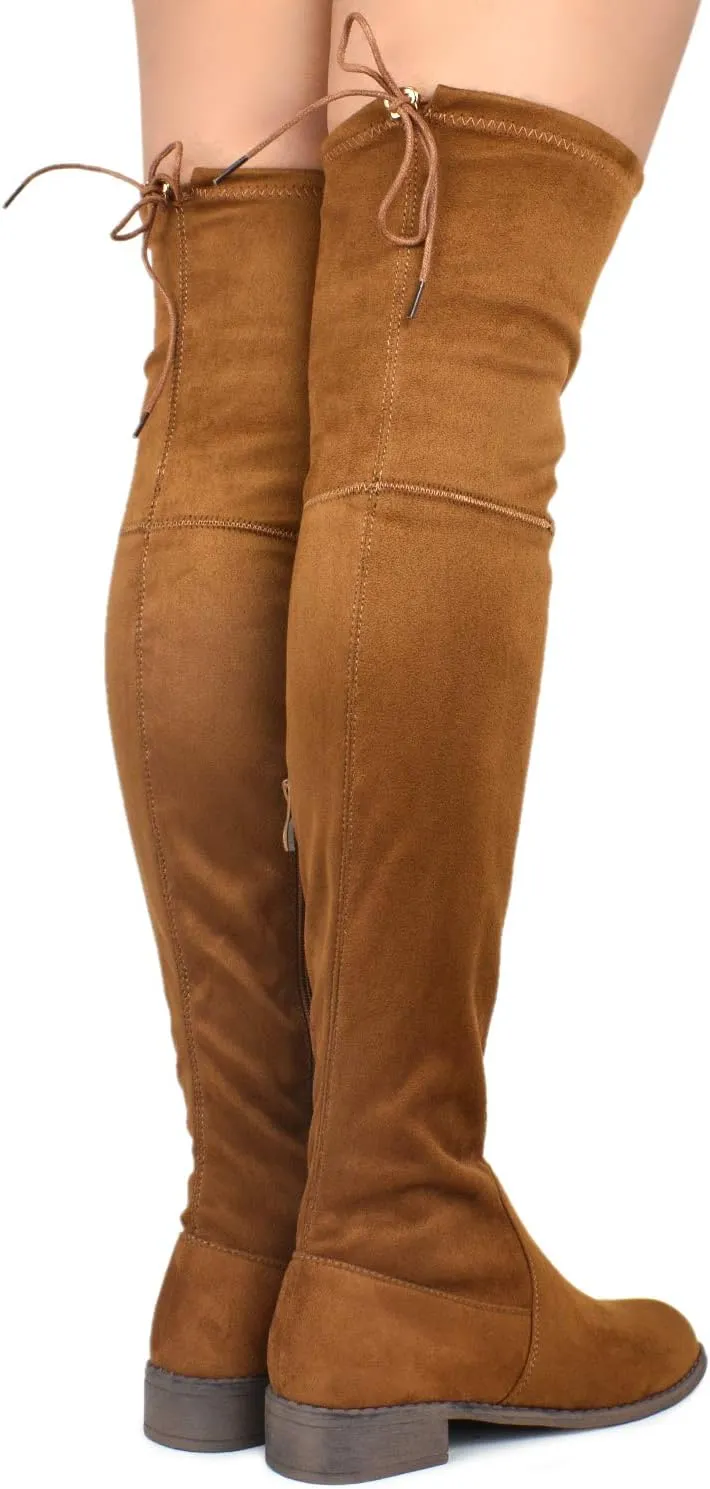 Premier Standard - Women's Fashion Comfy Vegan Suede Block Heel Side Zipper Back Lace Thigh High Over The Knee Boots