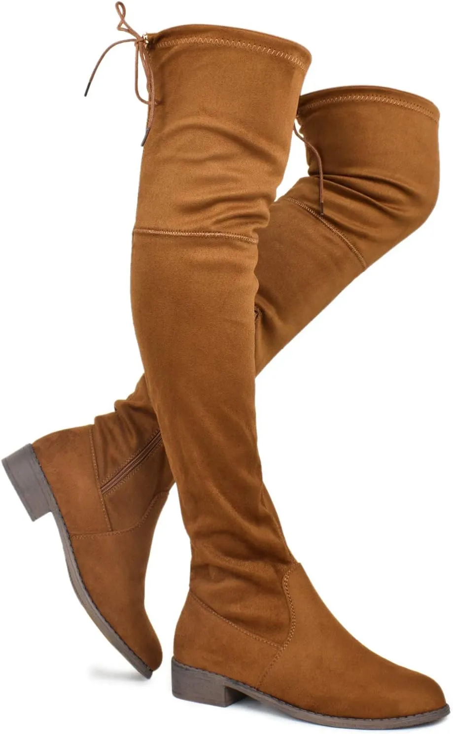 Premier Standard - Women's Fashion Comfy Vegan Suede Block Heel Side Zipper Back Lace Thigh High Over The Knee Boots