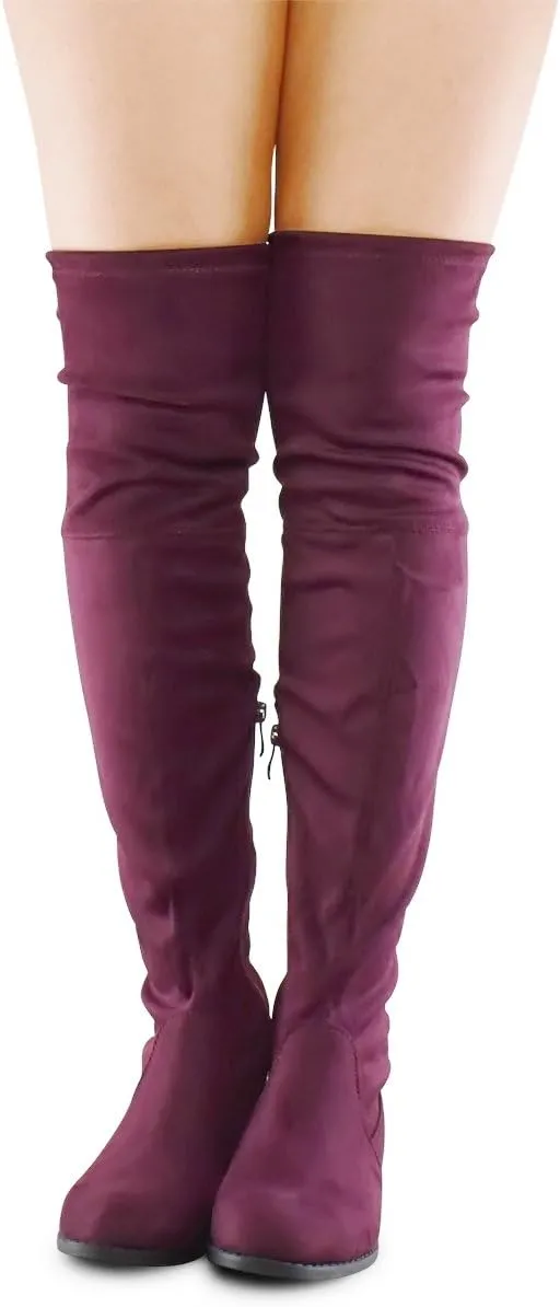Premier Standard - Women's Fashion Comfy Vegan Suede Block Heel Side Zipper Back Lace Thigh High Over The Knee Boots
