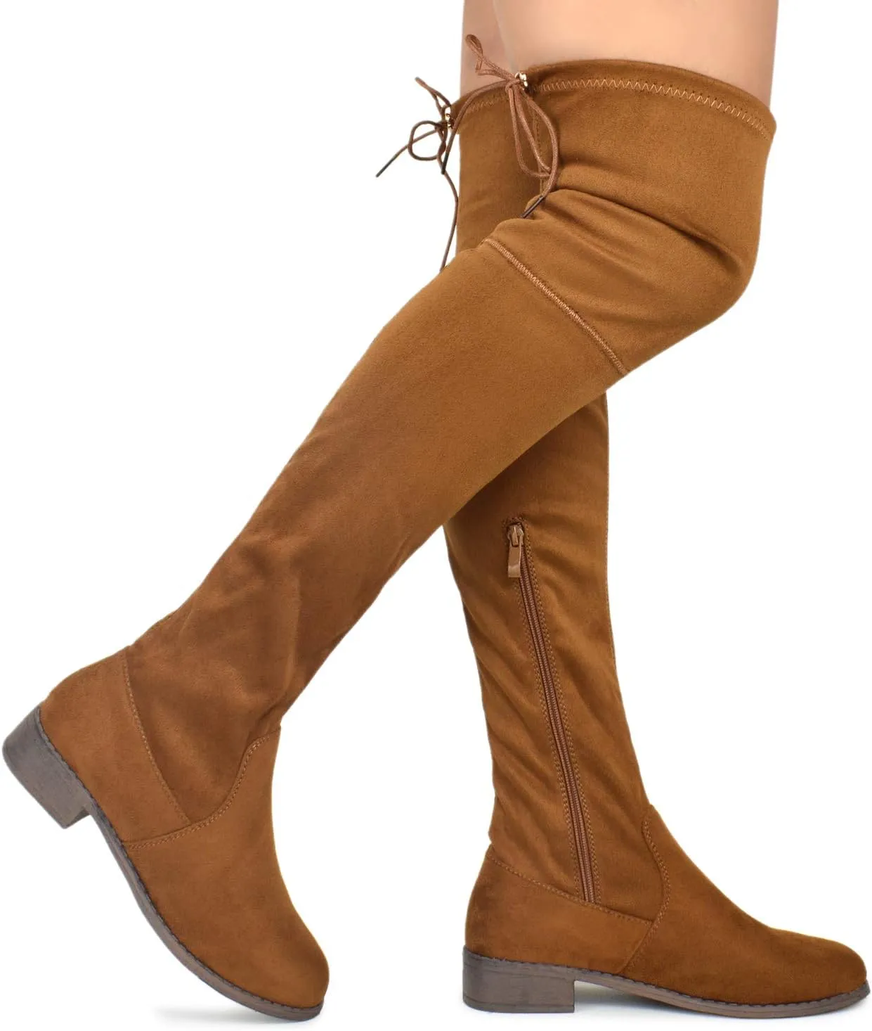Premier Standard - Women's Fashion Comfy Vegan Suede Block Heel Side Zipper Back Lace Thigh High Over The Knee Boots