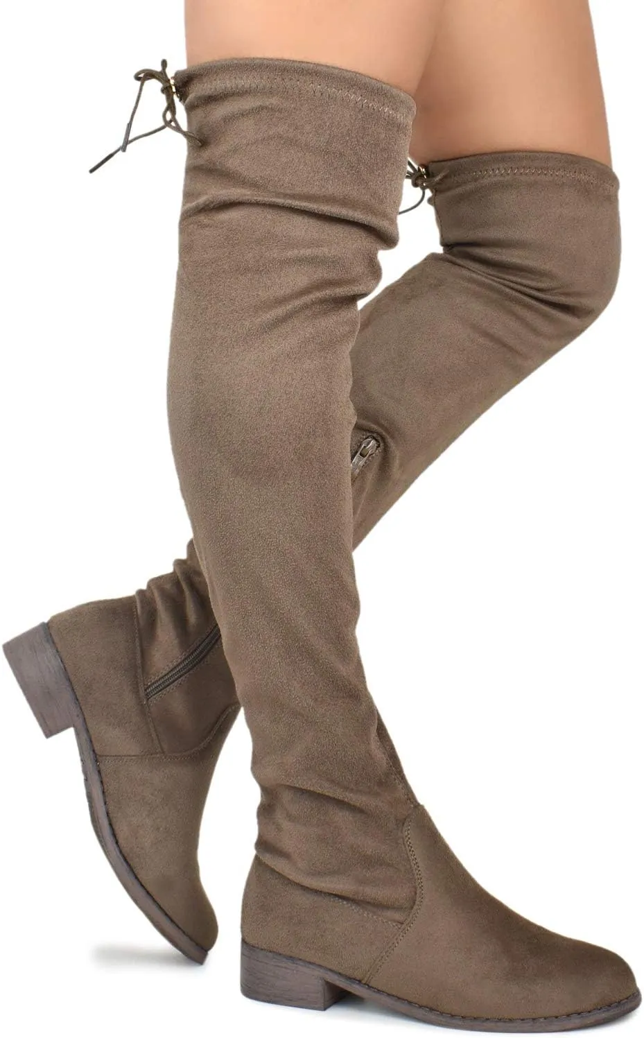 Premier Standard - Women's Fashion Comfy Vegan Suede Block Heel Side Zipper Back Lace Thigh High Over The Knee Boots
