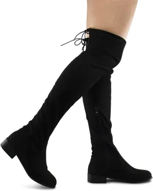 Premier Standard - Women's Fashion Comfy Vegan Suede Block Heel Side Zipper Back Lace Thigh High Over The Knee Boots