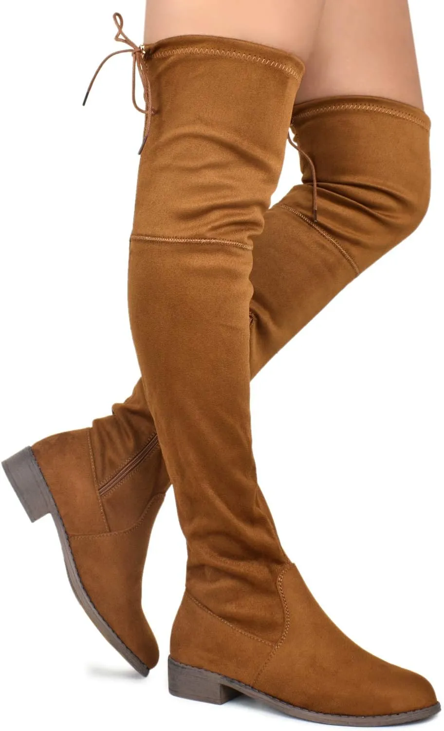 Premier Standard - Women's Fashion Comfy Vegan Suede Block Heel Side Zipper Back Lace Thigh High Over The Knee Boots