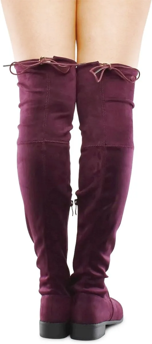 Premier Standard - Women's Fashion Comfy Vegan Suede Block Heel Side Zipper Back Lace Thigh High Over The Knee Boots