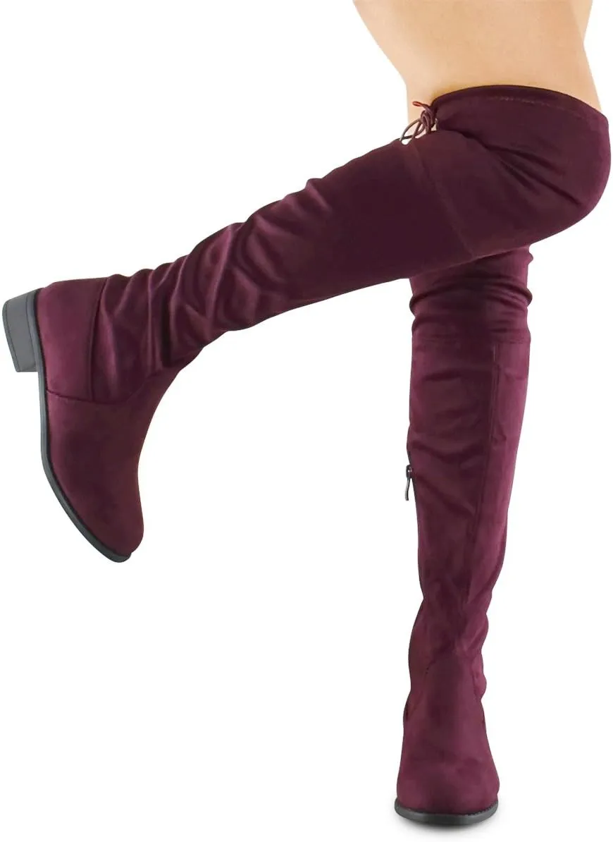 Premier Standard - Women's Fashion Comfy Vegan Suede Block Heel Side Zipper Back Lace Thigh High Over The Knee Boots