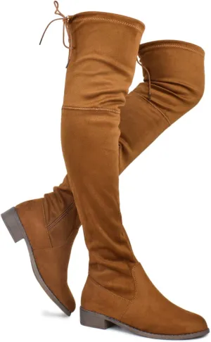 Premier Standard - Women's Fashion Comfy Vegan Suede Block Heel Side Zipper Back Lace Thigh High Over The Knee Boots