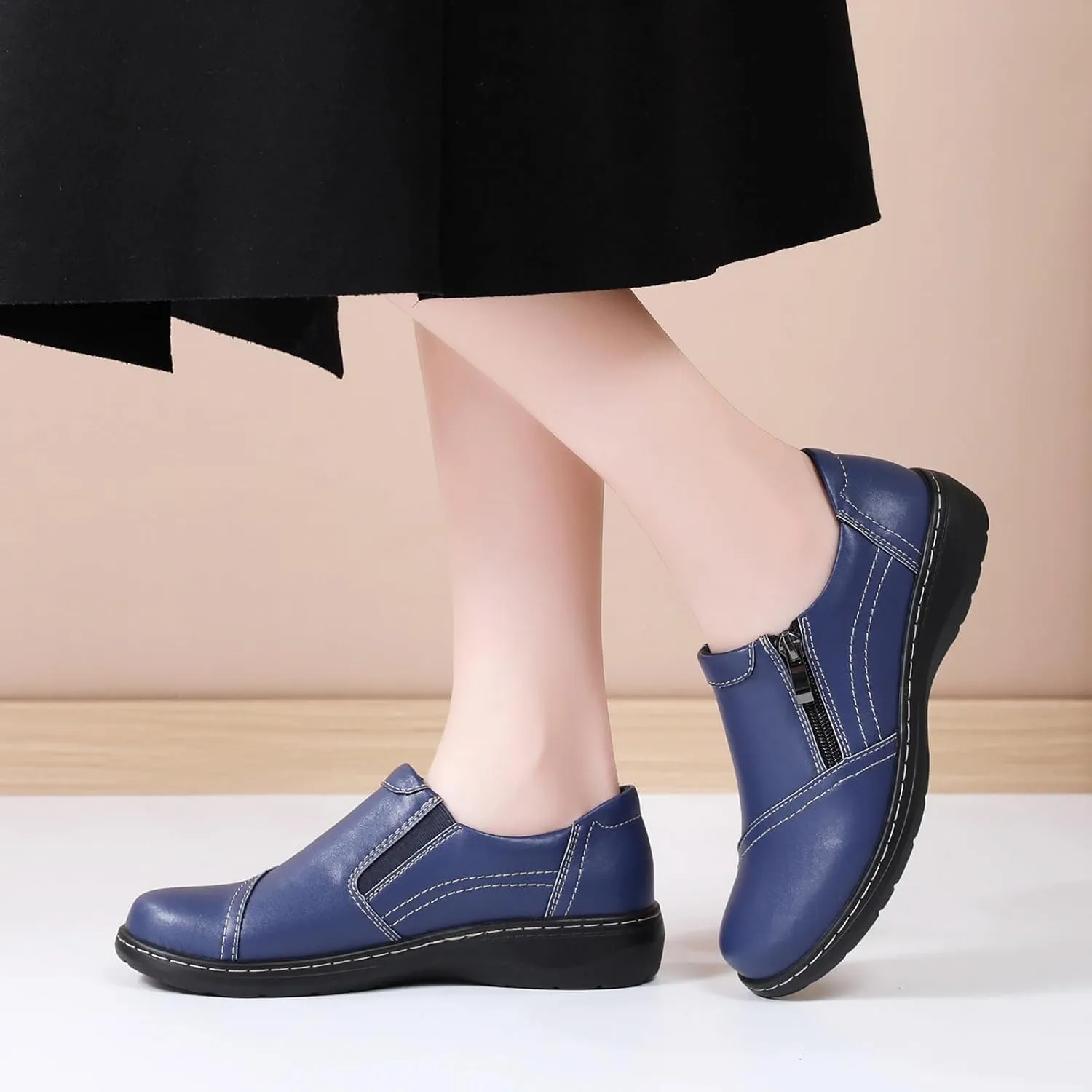 QAE Loafers for Women Comfort Women's Penny Loafers with Zipper Orthopedic Lightweight Slip-On Flats Casual Work Dressy Walking Business Shoes
