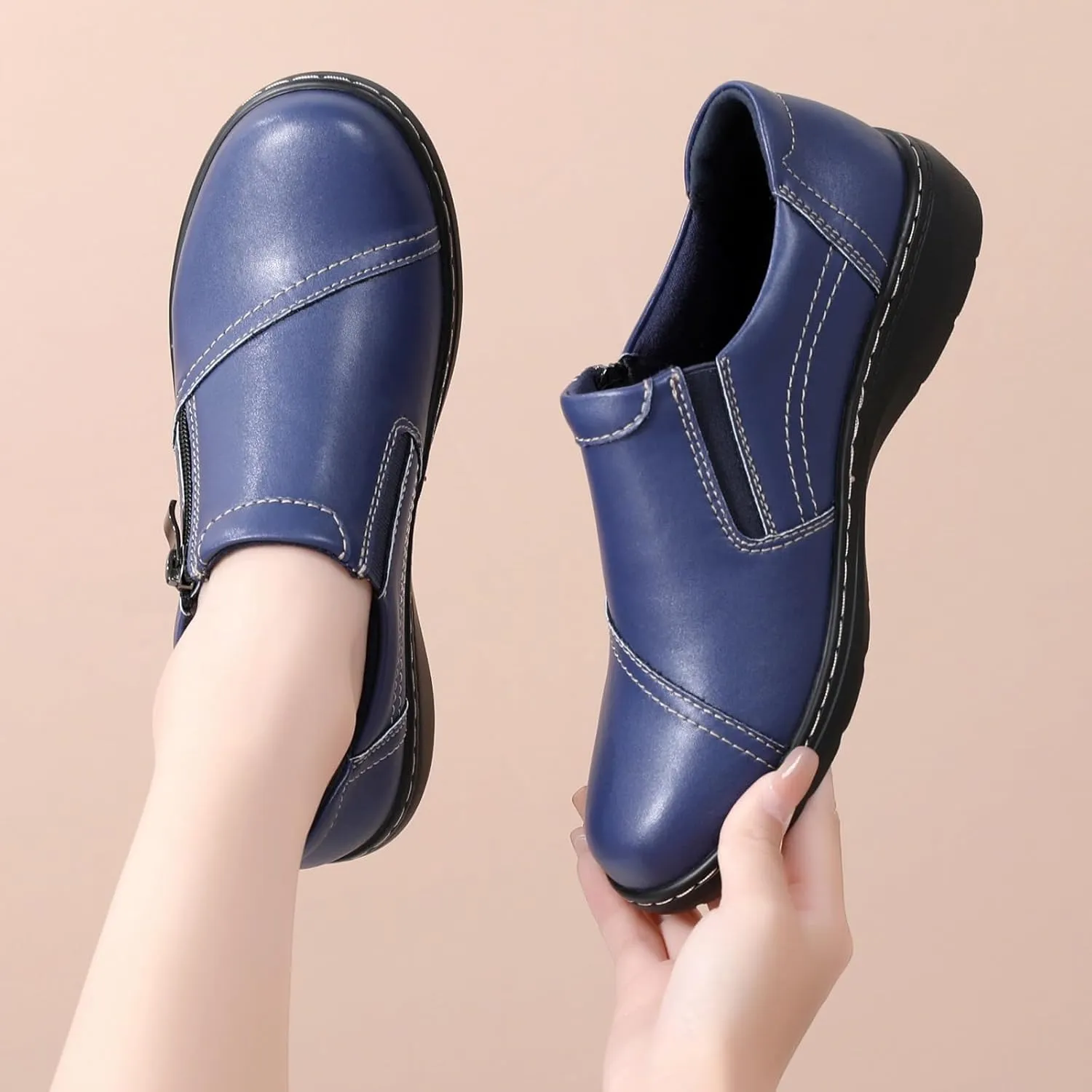 QAE Loafers for Women Comfort Women's Penny Loafers with Zipper Orthopedic Lightweight Slip-On Flats Casual Work Dressy Walking Business Shoes