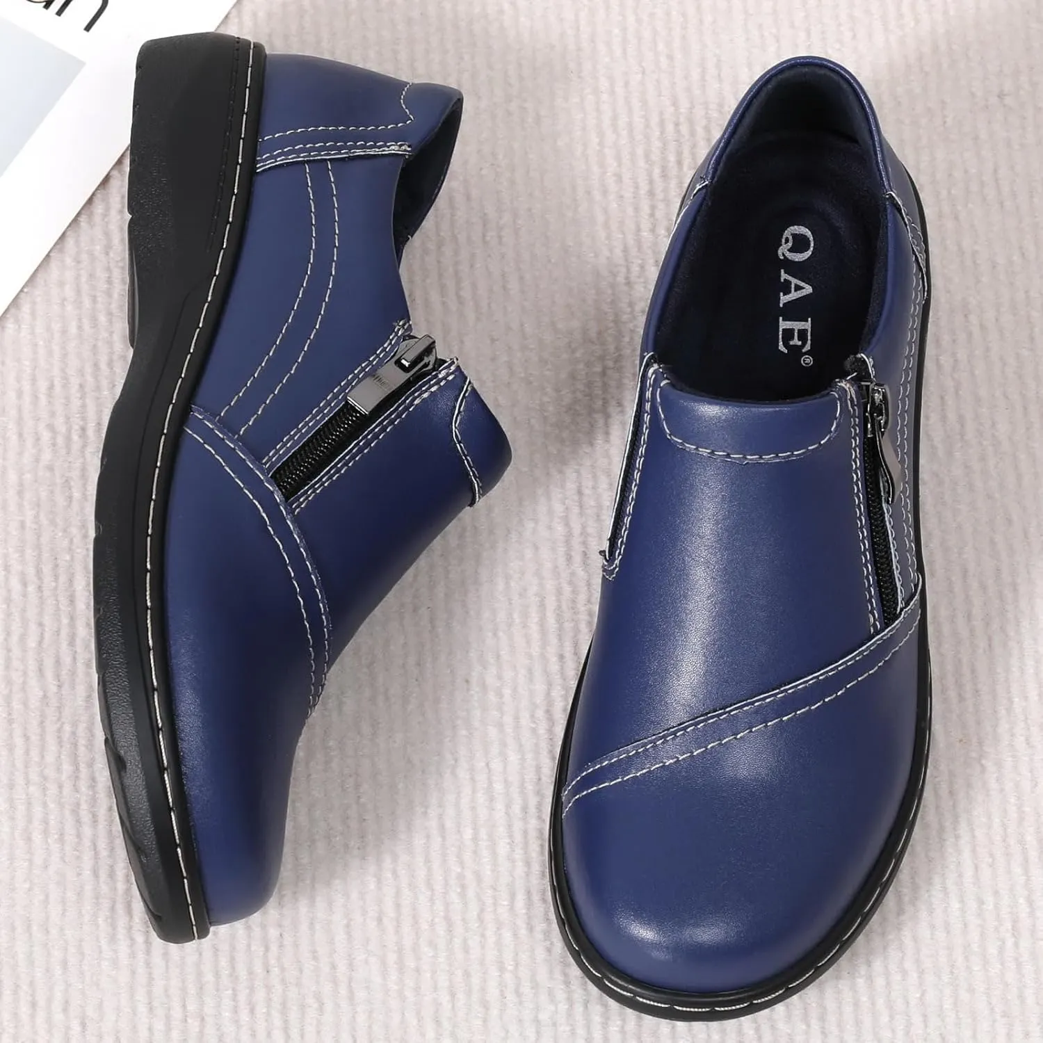 QAE Loafers for Women Comfort Women's Penny Loafers with Zipper Orthopedic Lightweight Slip-On Flats Casual Work Dressy Walking Business Shoes