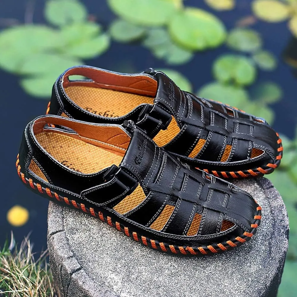 Qiucdzi Mens Sport Sandals Breathable Outdoor Fisherman Shoes Adjustable Closed Toe Summer Leather Loafters