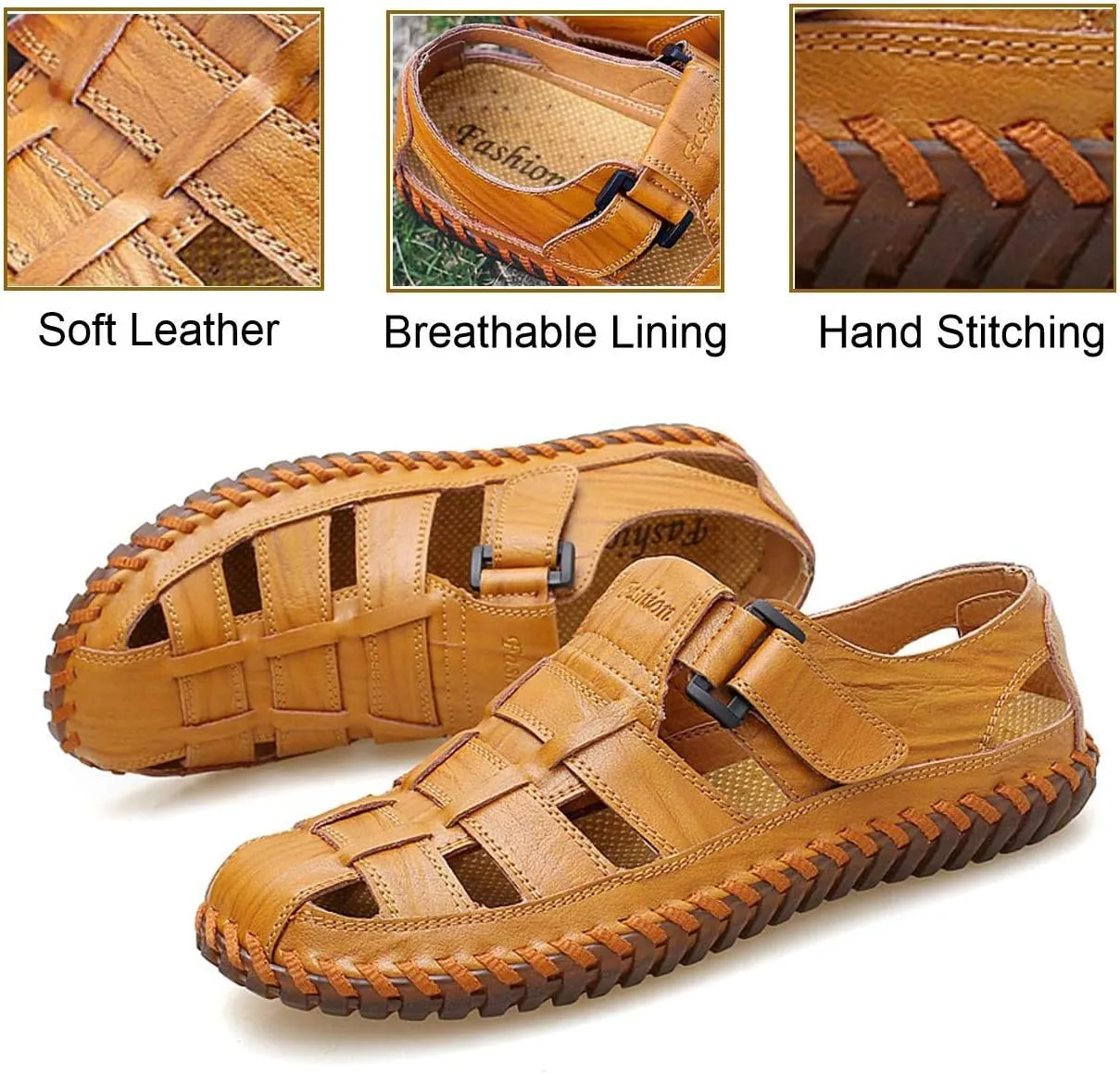 Qiucdzi Mens Sport Sandals Breathable Outdoor Fisherman Shoes Adjustable Closed Toe Summer Leather Loafters