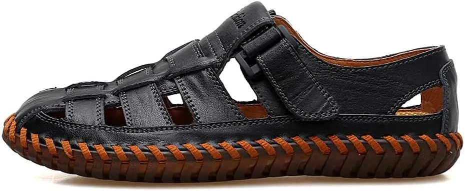 Qiucdzi Mens Sport Sandals Breathable Outdoor Fisherman Shoes Adjustable Closed Toe Summer Leather Loafters